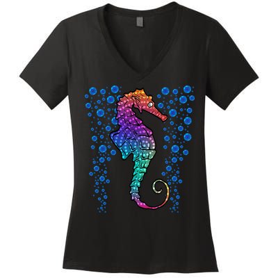 Colorful Sea Horse Print Ocean Women's V-Neck T-Shirt