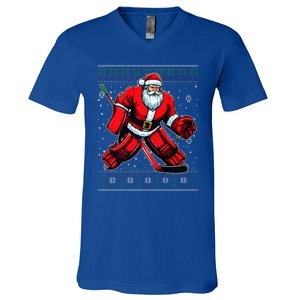 Christmas Santa Hockey Goalie Ugly Christmas Sweater  V-Neck T-Shirt