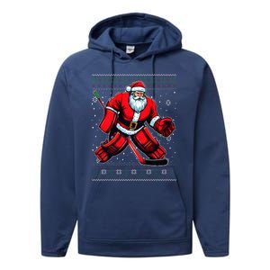 Christmas Santa Hockey Goalie Ugly Christmas Sweater  Performance Fleece Hoodie