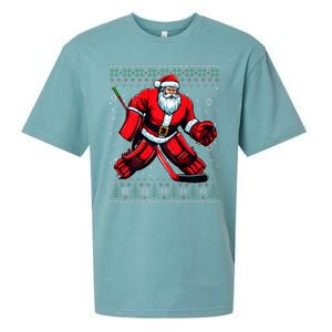 Christmas Santa Hockey Goalie Ugly Christmas Sweater  Sueded Cloud Jersey T-Shirt