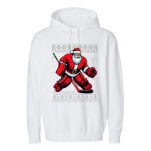 Christmas Santa Hockey Goalie Ugly Christmas Sweater  Garment-Dyed Fleece Hoodie