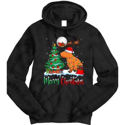 Capybara Santa Hat Xmas Tree Lights Merry Christmas Capybara Tie Dye Hoodie