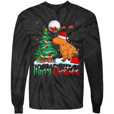 Capybara Santa Hat Xmas Tree Lights Merry Christmas Capybara Tie-Dye Long Sleeve Shirt