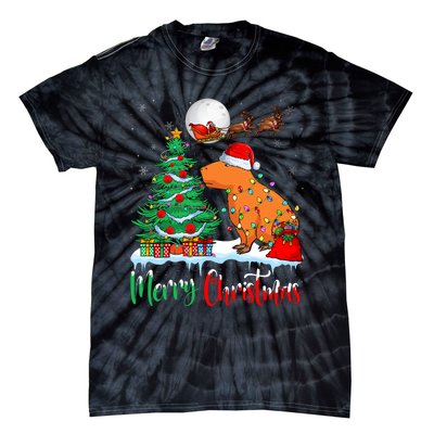 Capybara Santa Hat Xmas Tree Lights Merry Christmas Capybara Tie-Dye T-Shirt