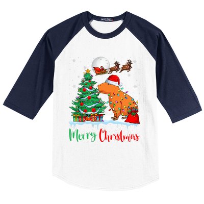 Capybara Santa Hat Xmas Tree Lights Merry Christmas Capybara Baseball Sleeve Shirt