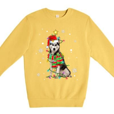 Cute Siberian Husky Dog Santa Christmas Tree Lights Xmas Gift Premium Crewneck Sweatshirt