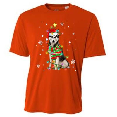 Cute Siberian Husky Dog Santa Christmas Tree Lights Xmas Gift Cooling Performance Crew T-Shirt