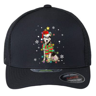 Cute Siberian Husky Dog Santa Christmas Tree Lights Xmas Gift Flexfit Unipanel Trucker Cap