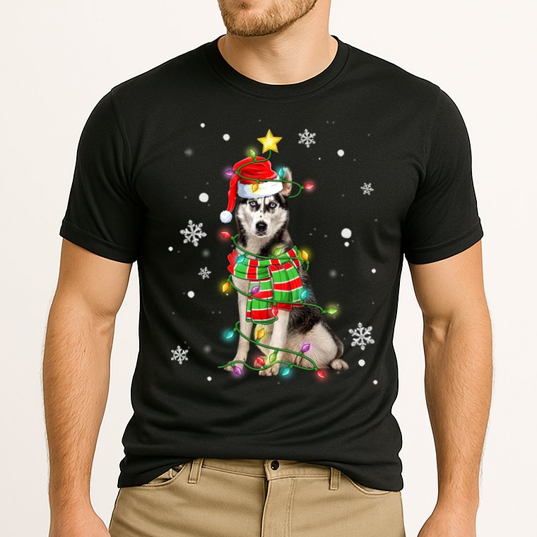 Cute Siberian Husky Dog Santa Christmas Tree Lights Xmas Gift Performance Shirt