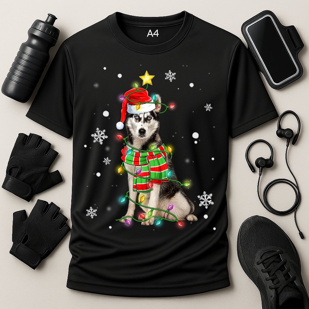 Cute Siberian Husky Dog Santa Christmas Tree Lights Xmas Gift Performance Shirt