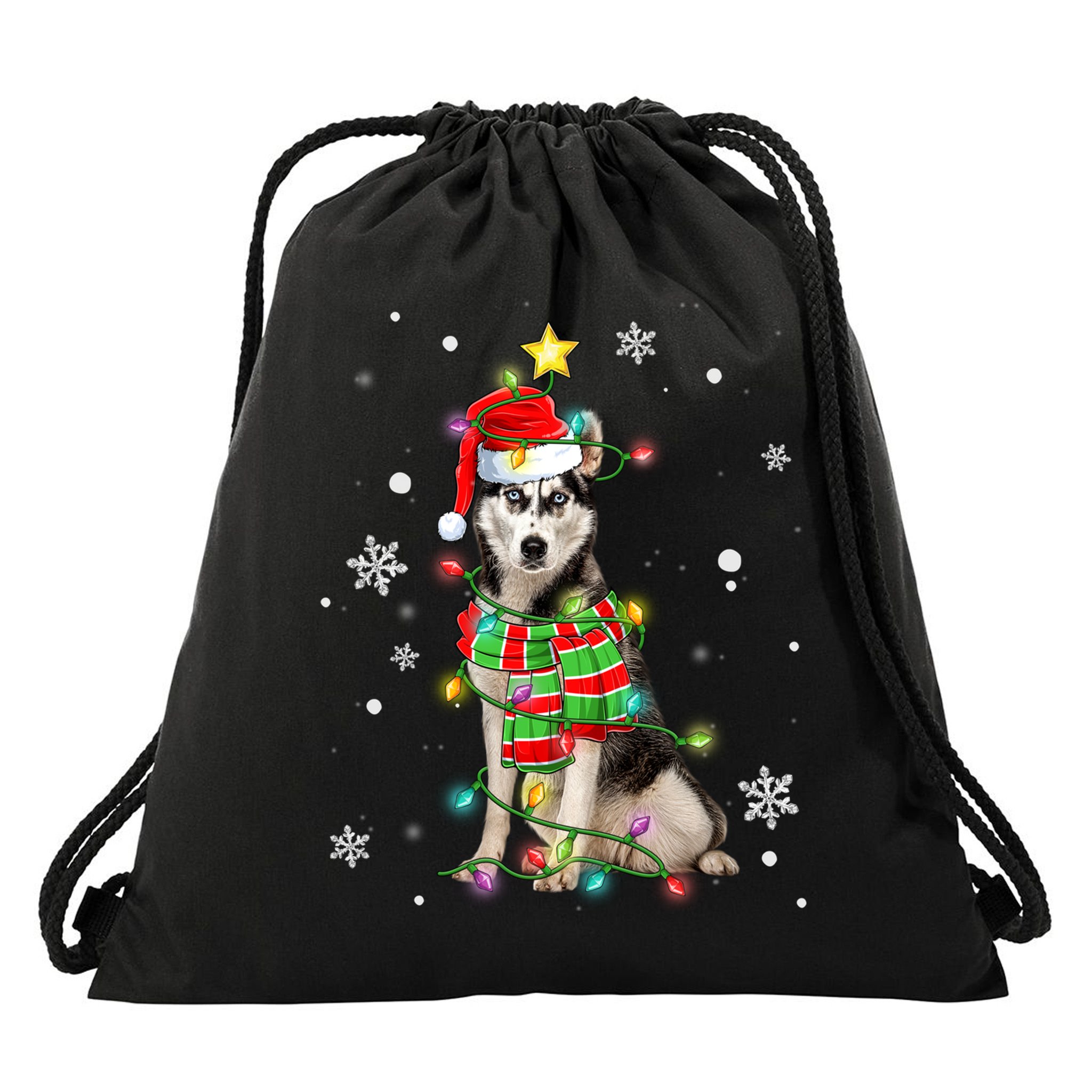 Cute Siberian Husky Dog Santa Christmas Tree Lights Xmas Gift Drawstring Bag