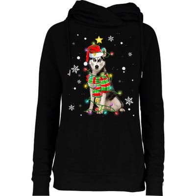 Cute Siberian Husky Dog Santa Christmas Tree Lights Xmas Gift Womens Funnel Neck Pullover Hood