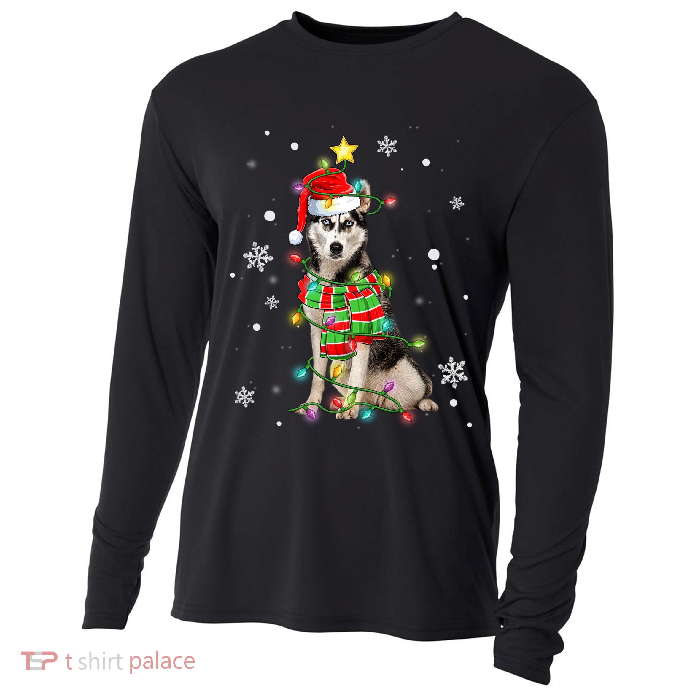 Cute Siberian Husky Dog Santa Christmas Tree Lights Xmas Gift Cooling Performance Long Sleeve Crew