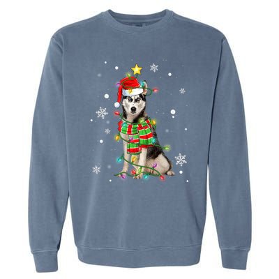 Cute Siberian Husky Dog Santa Christmas Tree Lights Xmas Gift Garment-Dyed Sweatshirt