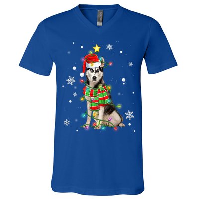 Cute Siberian Husky Dog Santa Christmas Tree Lights Xmas Gift V-Neck T-Shirt