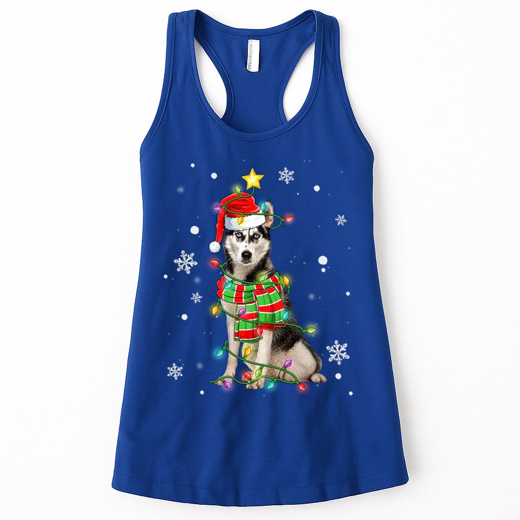 Cute Siberian Husky Dog Santa Christmas Tree Lights Xmas Gift Womens Tank Top
