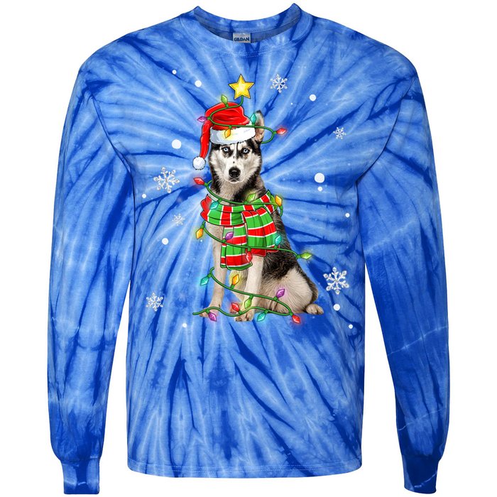 Cute Siberian Husky Dog Santa Christmas Tree Lights Xmas Gift Tie-Dye Long Sleeve Shirt