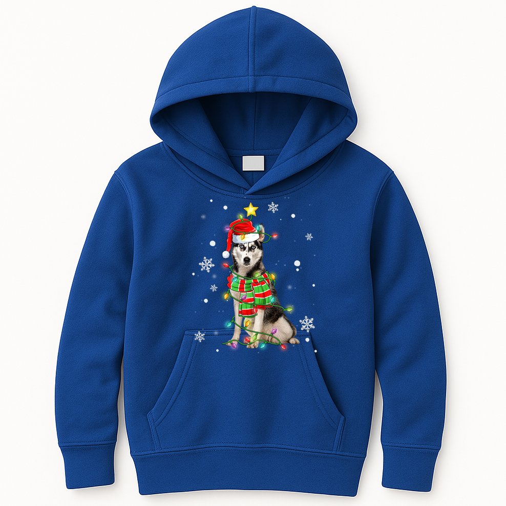 Cute Siberian Husky Dog Santa Christmas Tree Lights Xmas Gift Kids Hoodie