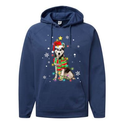 Cute Siberian Husky Dog Santa Christmas Tree Lights Xmas Gift Performance Fleece Hoodie