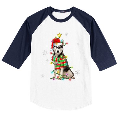 Cute Siberian Husky Dog Santa Christmas Tree Lights Xmas Gift Baseball Sleeve Shirt