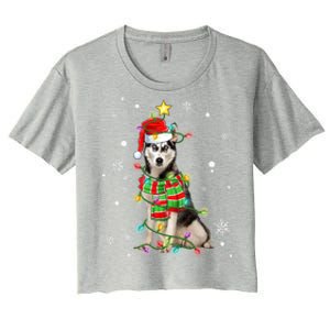 Cute Siberian Husky Dog Santa Christmas Tree Lights Xmas Gift Women's Crop Top Tee