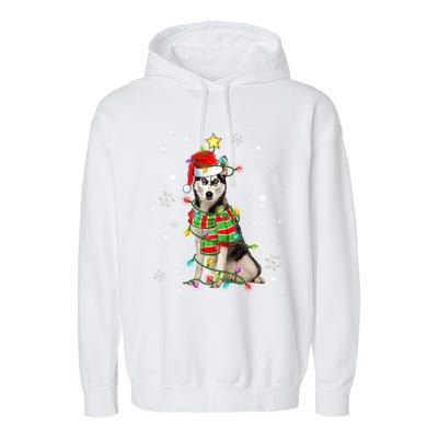 Cute Siberian Husky Dog Santa Christmas Tree Lights Xmas Gift Garment-Dyed Fleece Hoodie