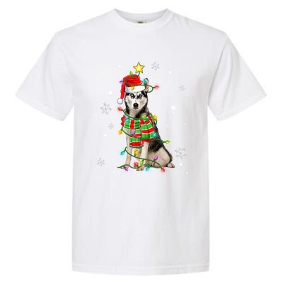 Cute Siberian Husky Dog Santa Christmas Tree Lights Xmas Gift Garment-Dyed Heavyweight T-Shirt