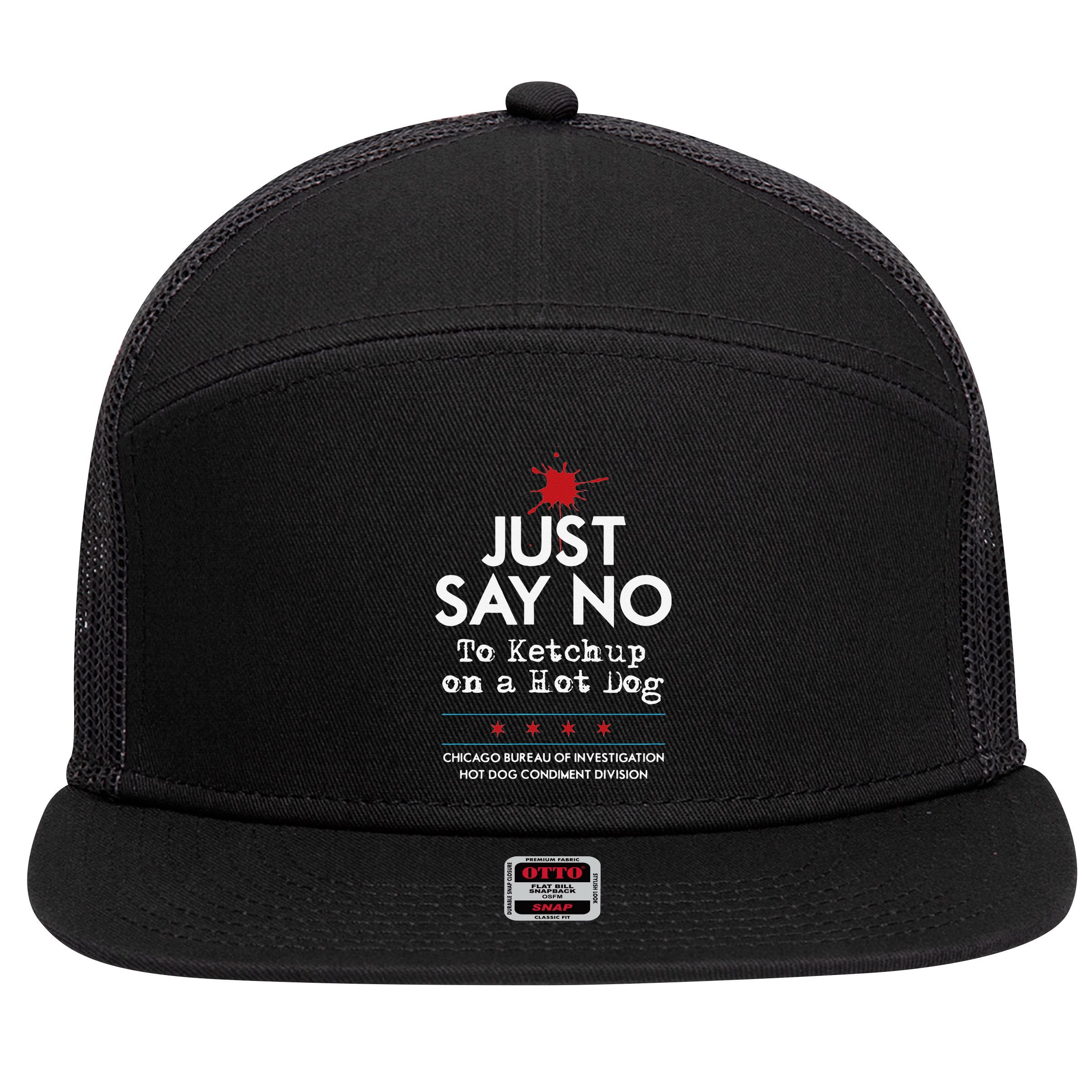 Chicago Style Hot Dog No Ketchup 7 Panel Mesh Trucker Snapback Hat