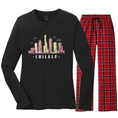 Chicago Skyline Illinois Vintage Women's Long Sleeve Flannel Pajama Set 