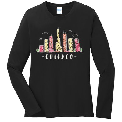 Chicago Skyline Illinois Vintage Ladies Long Sleeve Shirt