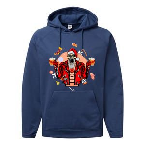 Christmas Skeleton Ing Beer Santa Claus Skeleton Cool Gift Performance Fleece Hoodie