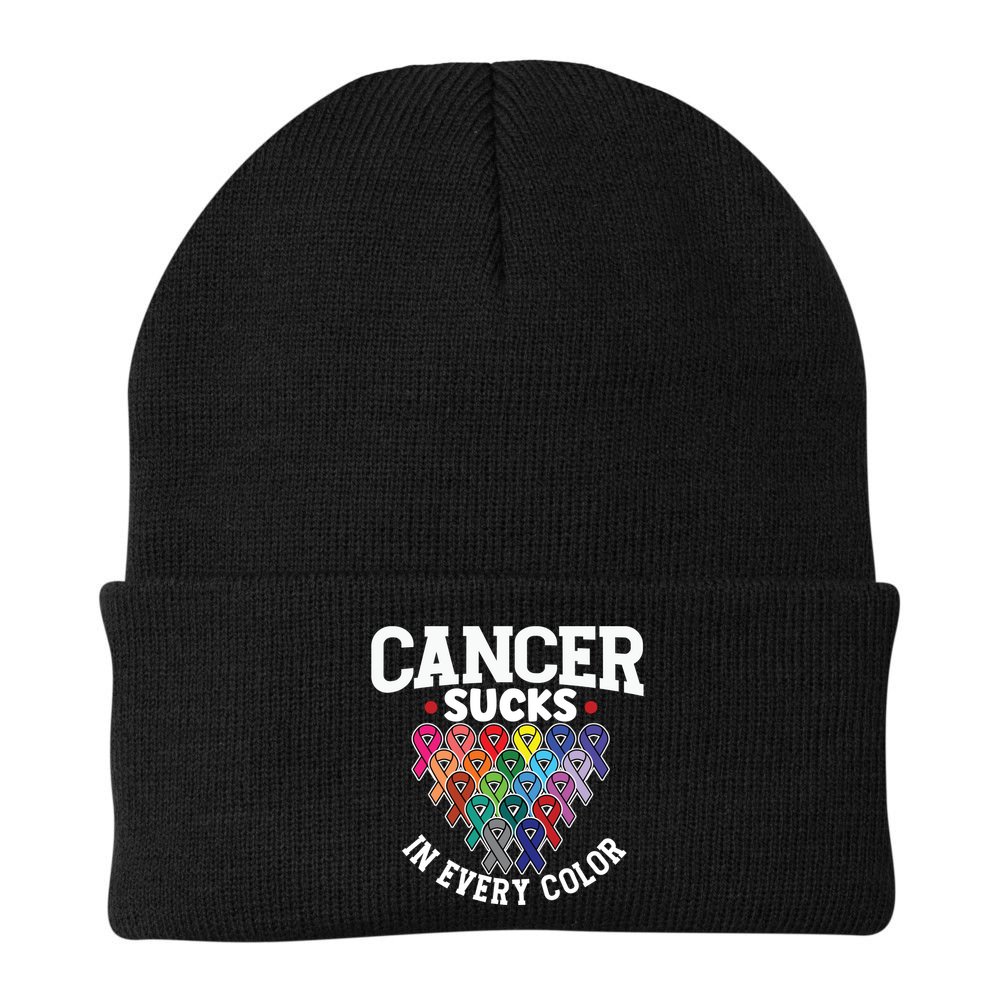 Cancer Sucks In Every Color Cancer Awareness Ribbons Warrior Gift Beanie