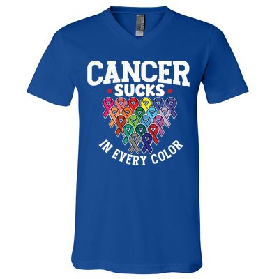Cancer Sucks In Every Color Cancer Awareness Ribbons Warrior Gift V-Neck T-Shirt