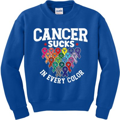 Cancer Sucks In Every Color Cancer Awareness Ribbons Warrior Gift Kids Sweatshirt