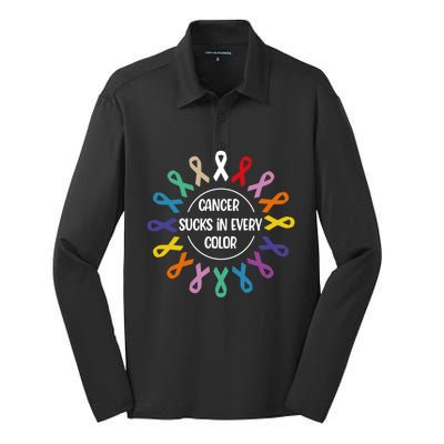 Cancer Sucks In Every Color Fight Cancer Awareness Ribbons Gift Silk Touch Performance Long Sleeve Polo