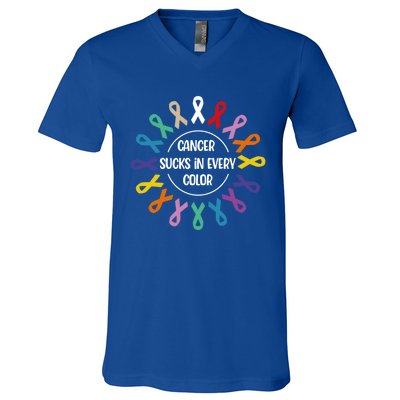 Cancer Sucks In Every Color Fight Cancer Awareness Ribbons Gift V-Neck T-Shirt