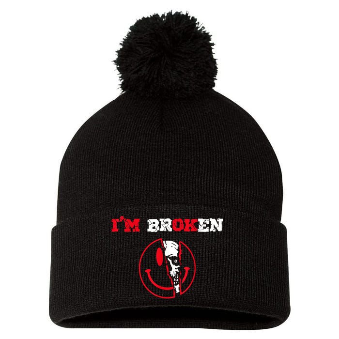 Confused Smile I'm Broken Invisible Illness I'm OK Broken Pom Pom 12in Knit Beanie