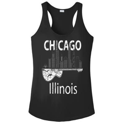 Chicago Souvenir  Illinois Music Electric Guitar Ladies PosiCharge Competitor Racerback Tank