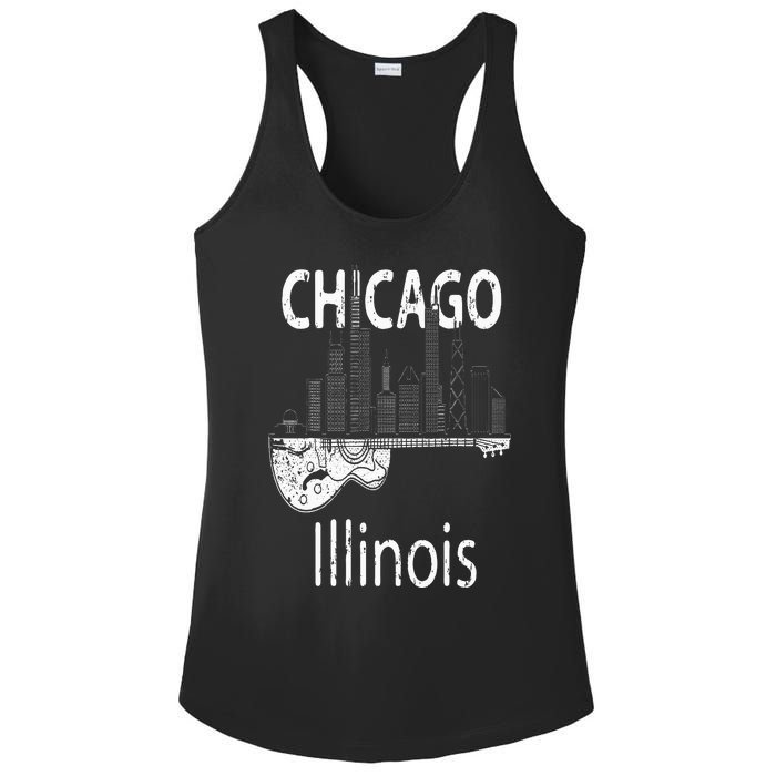 Chicago Souvenir  Illinois Music Electric Guitar Ladies PosiCharge Competitor Racerback Tank