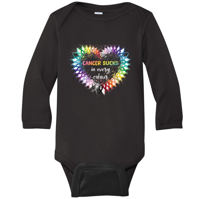 Cancer Sucks In Every Color Cancer Awareness Ribbons Heart Baby Long Sleeve Bodysuit