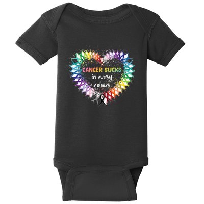 Cancer Sucks In Every Color Cancer Awareness Ribbons Heart Baby Bodysuit