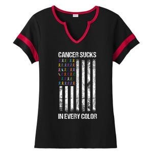 Cancer Sucks In Every Color Usa American Flag Ribbons Ladies Halftime Notch Neck Tee