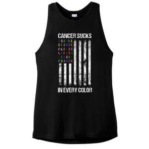 Cancer Sucks In Every Color Usa American Flag Ribbons Ladies PosiCharge Tri-Blend Wicking Tank