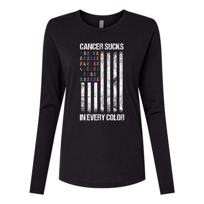 Cancer Sucks In Every Color Usa American Flag Ribbons Womens Cotton Relaxed Long Sleeve T-Shirt