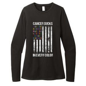 Cancer Sucks In Every Color Usa American Flag Ribbons Womens CVC Long Sleeve Shirt