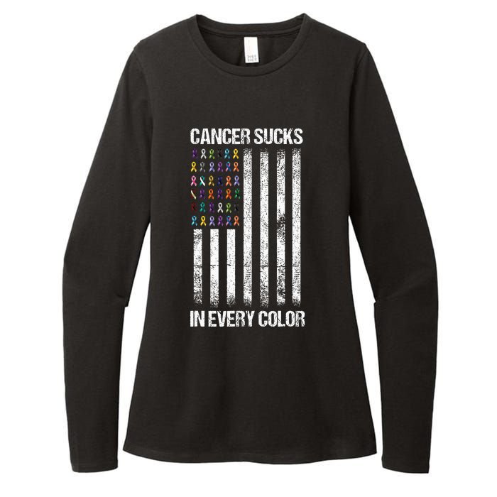 Cancer Sucks In Every Color Usa American Flag Ribbons Womens CVC Long Sleeve Shirt