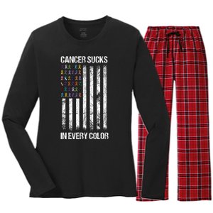 Cancer Sucks In Every Color Usa American Flag Ribbons Women's Long Sleeve Flannel Pajama Set 