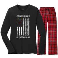 Cancer Sucks In Every Color Usa American Flag Ribbons Women's Long Sleeve Flannel Pajama Set 