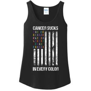 Cancer Sucks In Every Color Usa American Flag Ribbons Ladies Essential Tank