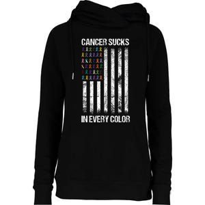 Cancer Sucks In Every Color Usa American Flag Ribbons Womens Funnel Neck Pullover Hood